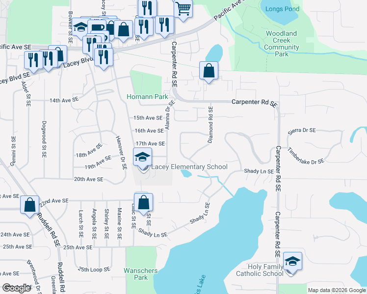 map of restaurants, bars, coffee shops, grocery stores, and more near 1721 Diamond Loop Southeast in Olympia