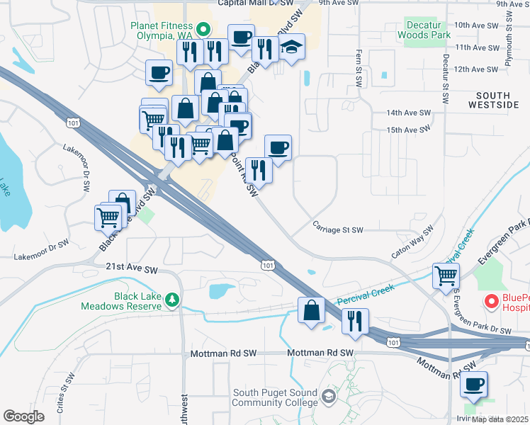 map of restaurants, bars, coffee shops, grocery stores, and more near 1825 Cooper Point Rd SW in Olympia
