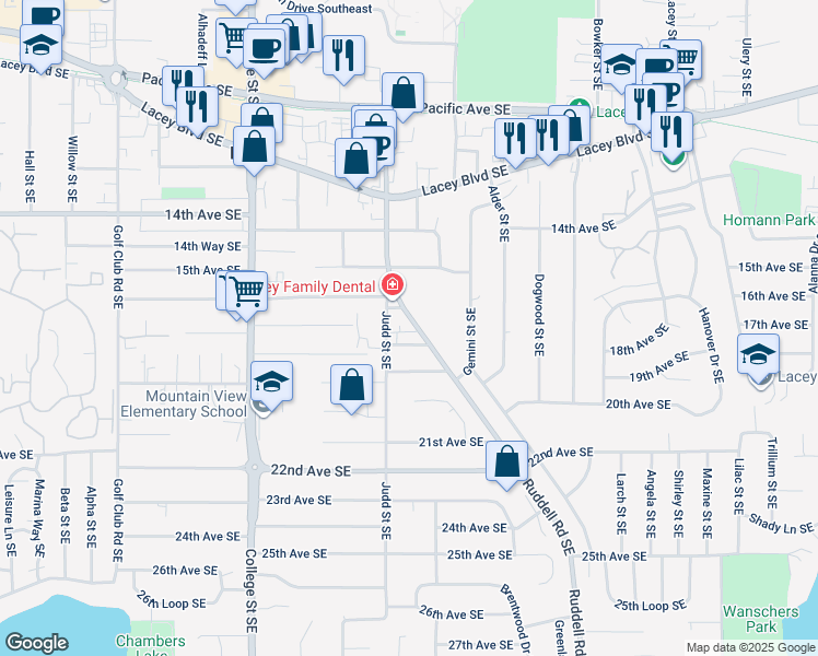 map of restaurants, bars, coffee shops, grocery stores, and more near 5018-5024 18th Avenue Southeast in Lacey