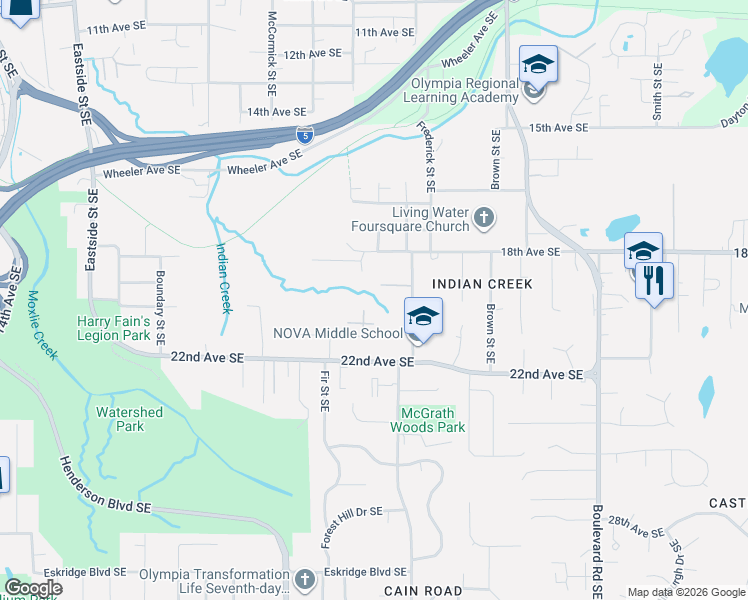 map of restaurants, bars, coffee shops, grocery stores, and more near 1850 21st Avenue Southeast in Olympia