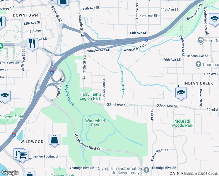 map of restaurants, bars, coffee shops, grocery stores, and more near 1419 20th Avenue Southeast in Olympia