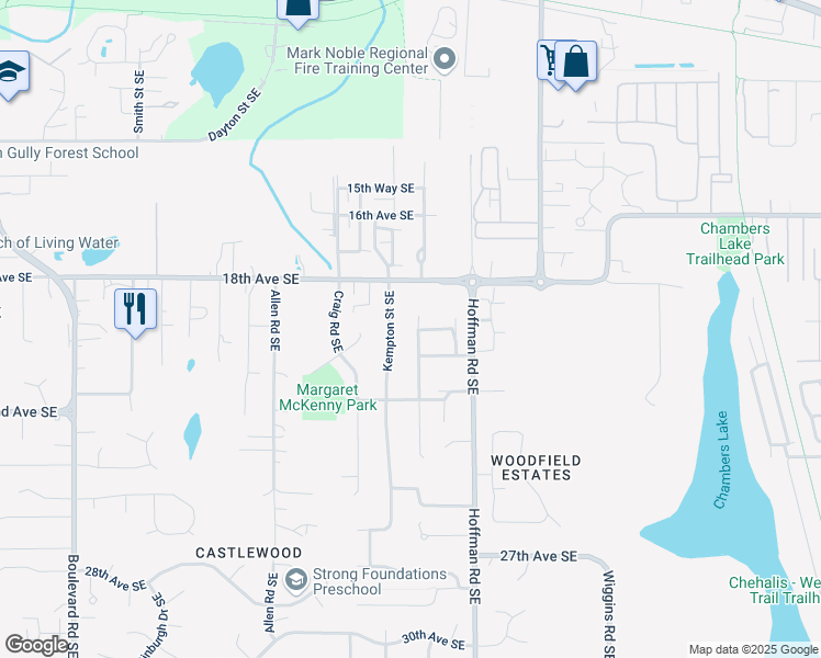map of restaurants, bars, coffee shops, grocery stores, and more near 3603 Nissing Way Southeast in Olympia