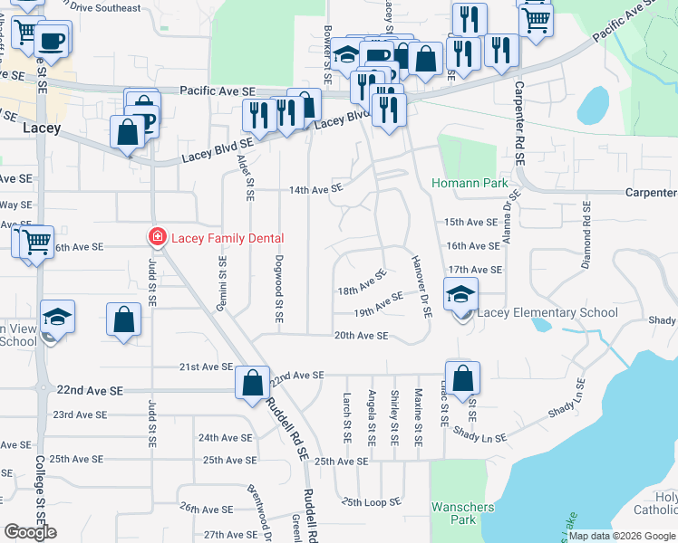 map of restaurants, bars, coffee shops, grocery stores, and more near 1606 Sulky Drive Southeast in Lacey