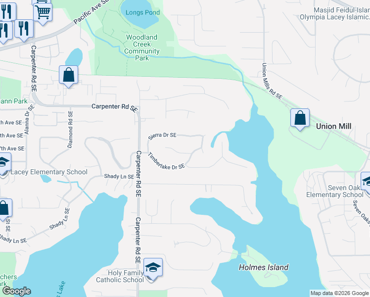 map of restaurants, bars, coffee shops, grocery stores, and more near 7044 Mill Court Southeast in Olympia