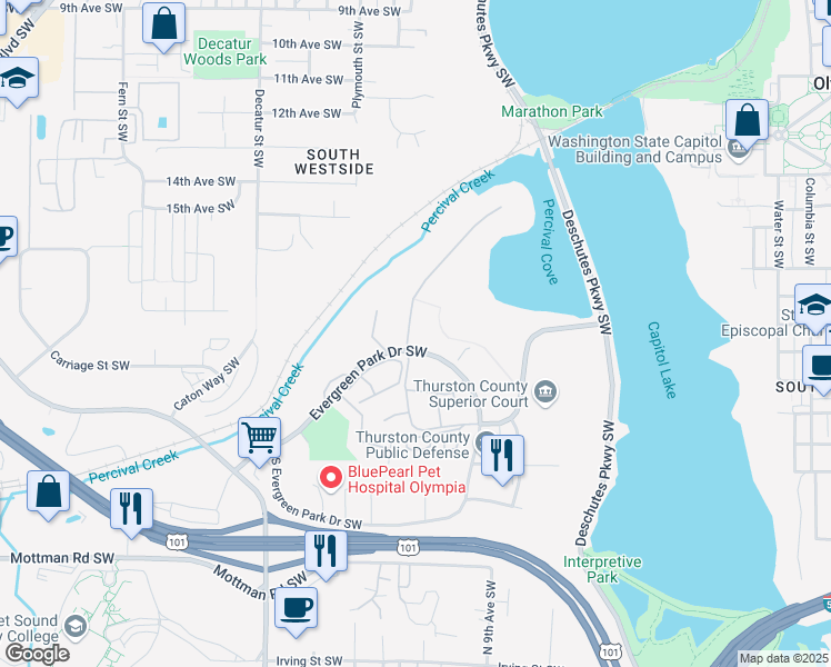 map of restaurants, bars, coffee shops, grocery stores, and more near 1818 Evergreen Park Drive Southwest in Olympia