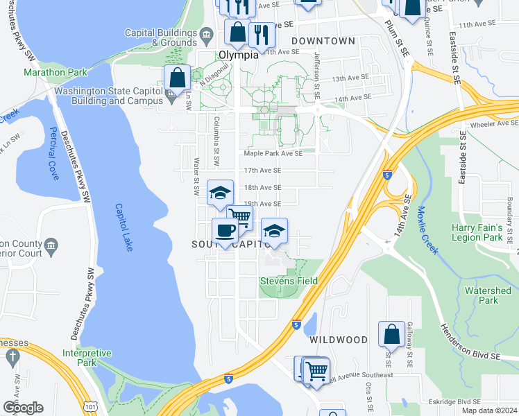 map of restaurants, bars, coffee shops, grocery stores, and more near 1916 Washington Street Southeast in Olympia