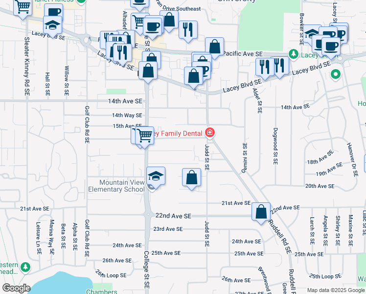 map of restaurants, bars, coffee shops, grocery stores, and more near 4803 17th Avenue Southeast in Lacey