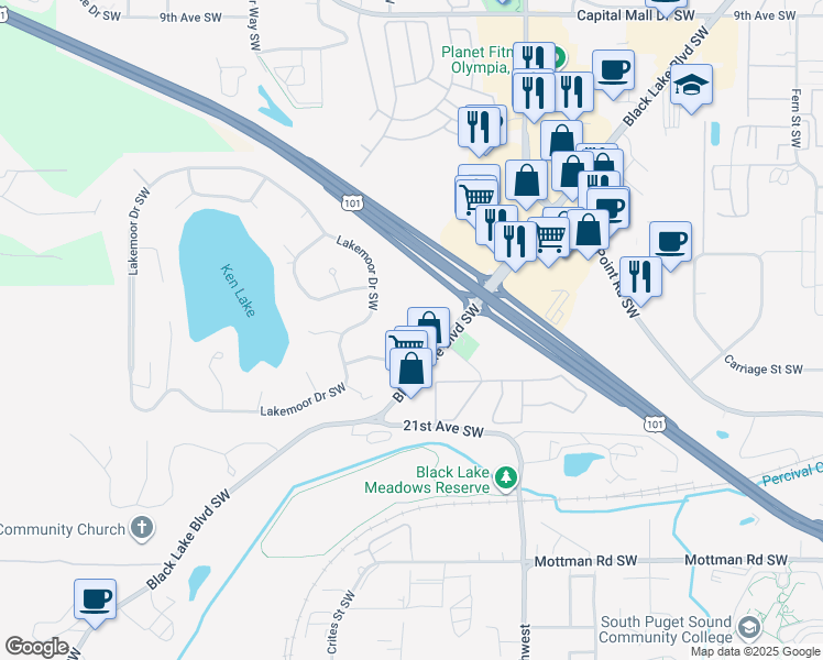 map of restaurants, bars, coffee shops, grocery stores, and more near 1835 Black Lake Boulevard Southwest in Olympia