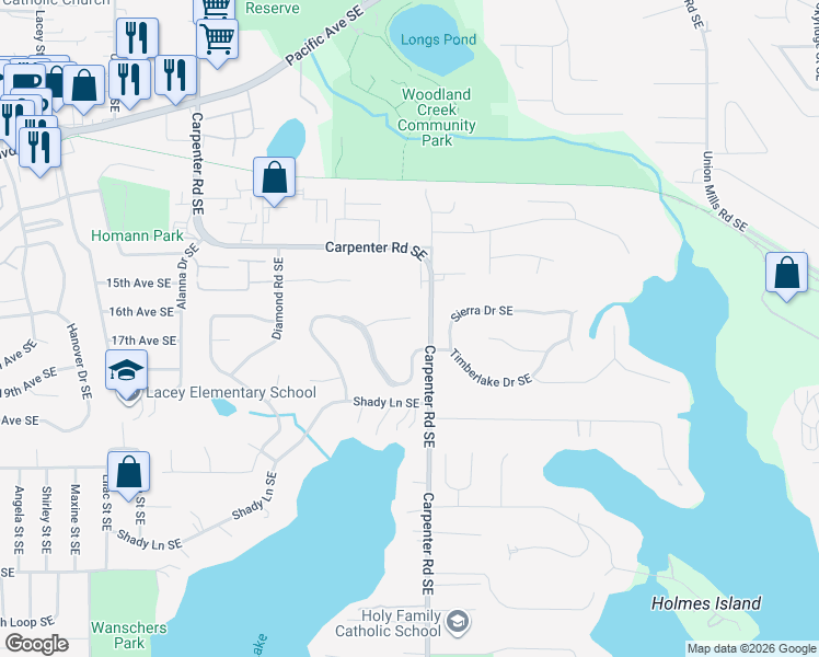 map of restaurants, bars, coffee shops, grocery stores, and more near 6606 Sierra Drive Southeast in Lacey