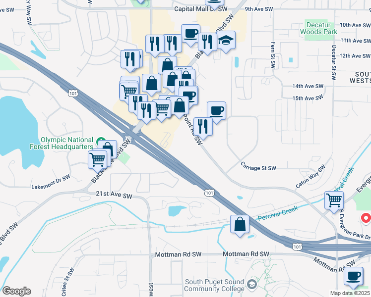 map of restaurants, bars, coffee shops, grocery stores, and more near 1825 Cooper Point Road Southwest in Olympia
