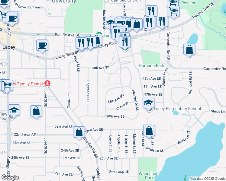 map of restaurants, bars, coffee shops, grocery stores, and more near 5703 16th Avenue Southeast in Lacey
