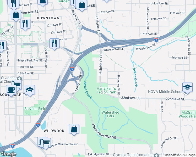 map of restaurants, bars, coffee shops, grocery stores, and more near 1913 Eastside Street Southeast in Olympia