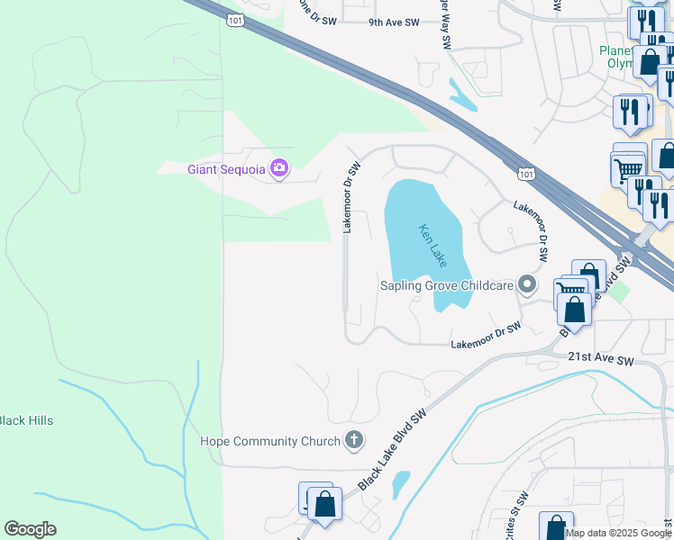 map of restaurants, bars, coffee shops, grocery stores, and more near 2139 Lakemoor Drive Southwest in Olympia