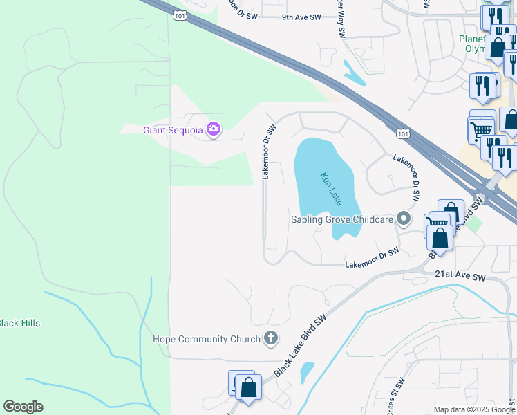 map of restaurants, bars, coffee shops, grocery stores, and more near 2139 Lakemoor Drive Southwest in Olympia