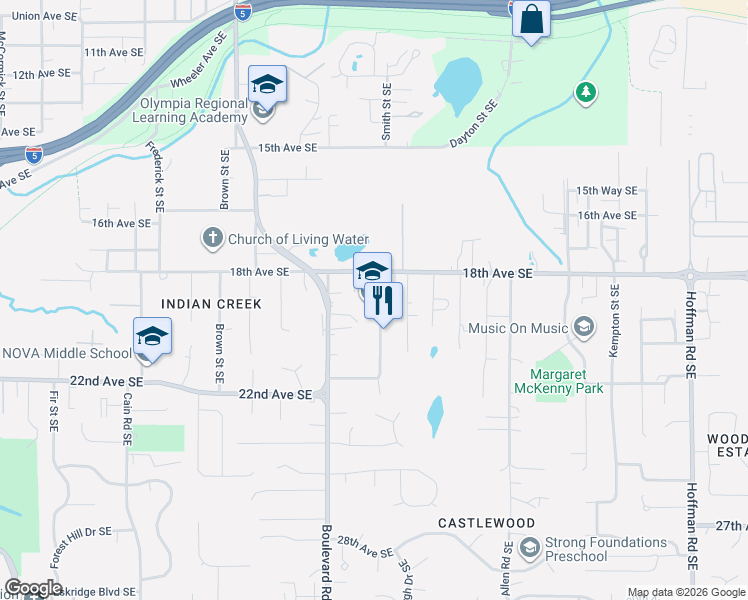map of restaurants, bars, coffee shops, grocery stores, and more near 5523 Asotin Lane Southeast in Lacey