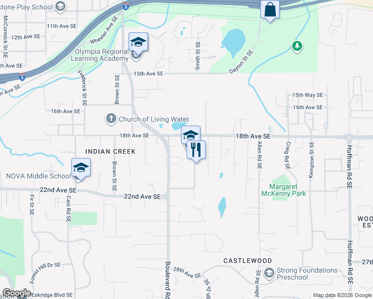 map of restaurants, bars, coffee shops, grocery stores, and more near 5523 Asotin Lane Southeast in Lacey