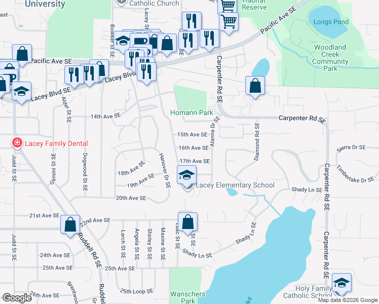 map of restaurants, bars, coffee shops, grocery stores, and more near 6013 15th Avenue Southeast in Lacey