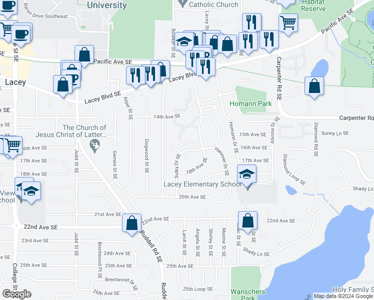 map of restaurants, bars, coffee shops, grocery stores, and more near 1602 Sulky Drive Southeast in Lacey