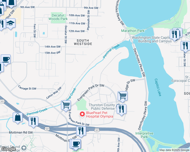 map of restaurants, bars, coffee shops, grocery stores, and more near 1314 Evergreen Park Drive Southwest in Olympia