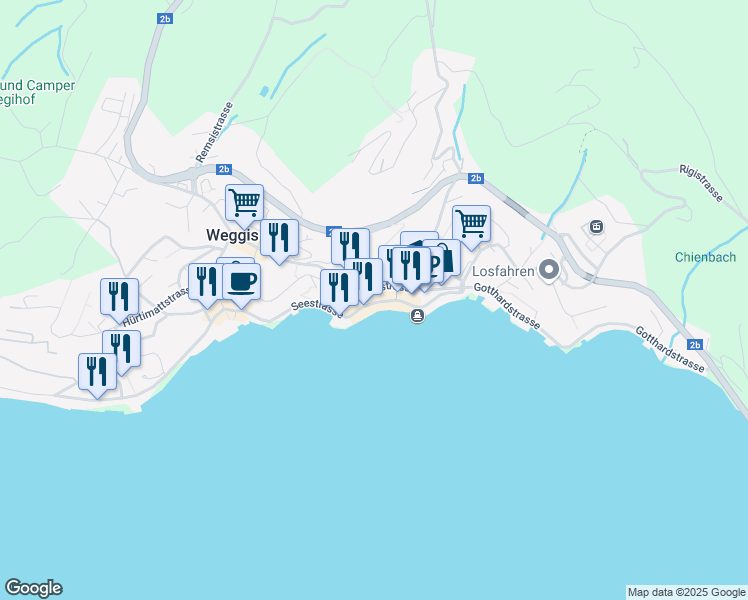 map of restaurants, bars, coffee shops, grocery stores, and more near 16 Seestrasse in Weggis