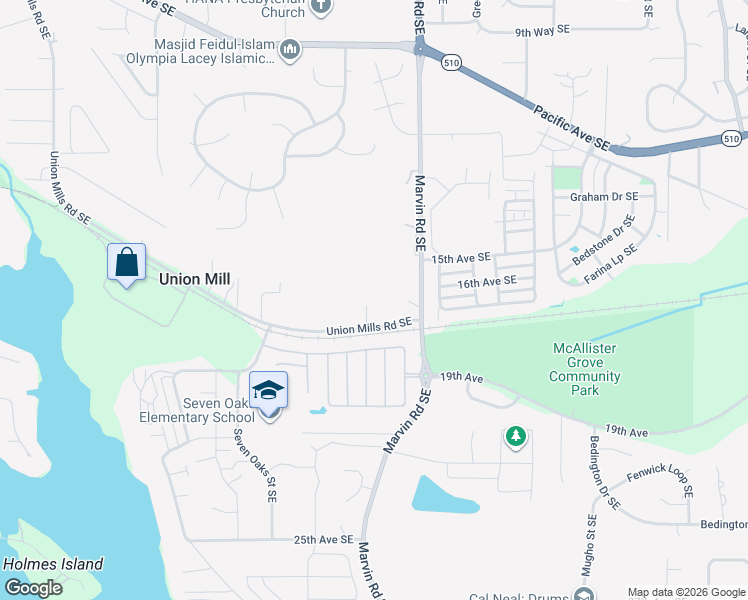 map of restaurants, bars, coffee shops, grocery stores, and more near 8144 Union Mills Road Southeast in Olympia