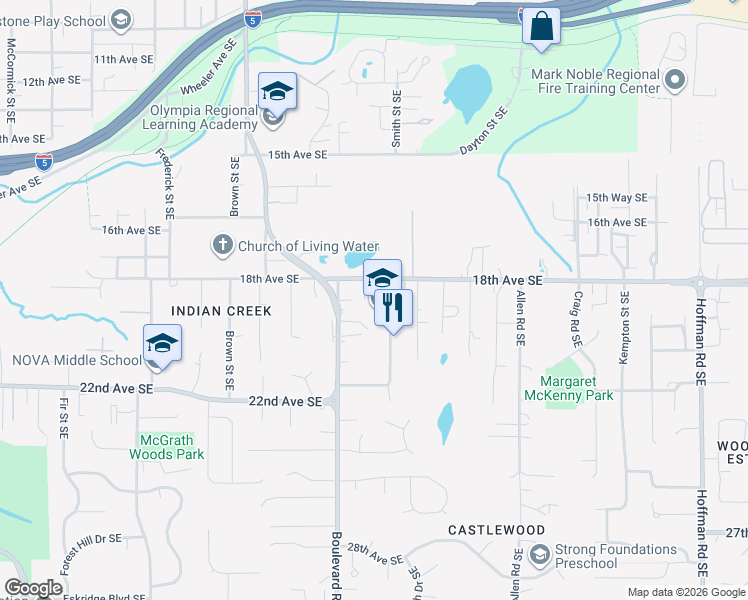 map of restaurants, bars, coffee shops, grocery stores, and more near 5523 Asotin Lane Southeast in Lacey