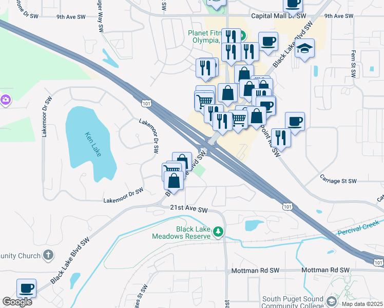 map of restaurants, bars, coffee shops, grocery stores, and more near 1801 Black Lake Boulevard Southwest in Olympia