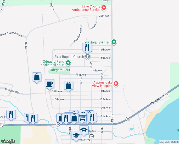 map of restaurants, bars, coffee shops, grocery stores, and more near 532 14th Avenue in Two Harbors