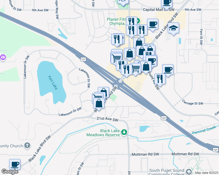 map of restaurants, bars, coffee shops, grocery stores, and more near 1801 Black Lake Boulevard Southwest in Olympia