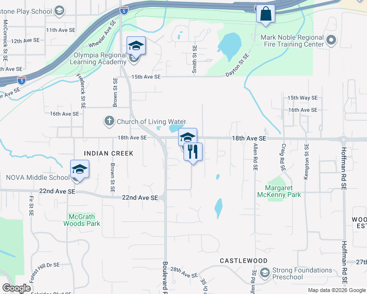 map of restaurants, bars, coffee shops, grocery stores, and more near 5523 Asotin Lane Southeast in Lacey