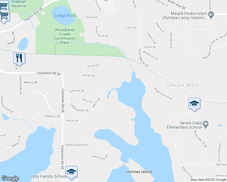 map of restaurants, bars, coffee shops, grocery stores, and more near 1630 Timberlake Court Southeast in Olympia