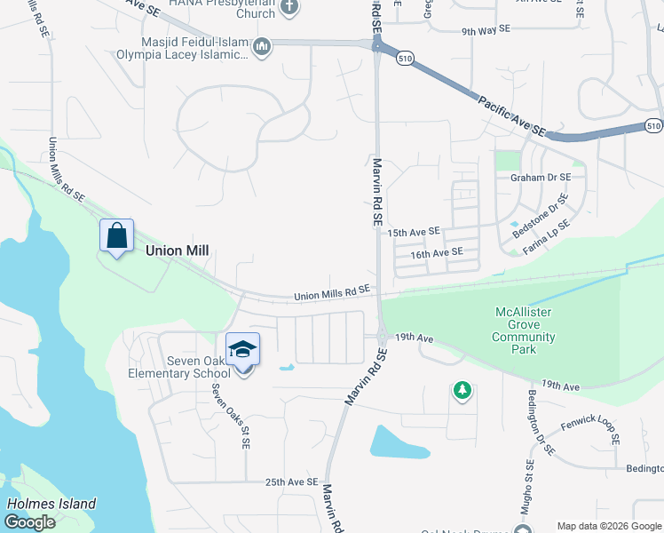 map of restaurants, bars, coffee shops, grocery stores, and more near 8144 Union Mills Road Southeast in Olympia
