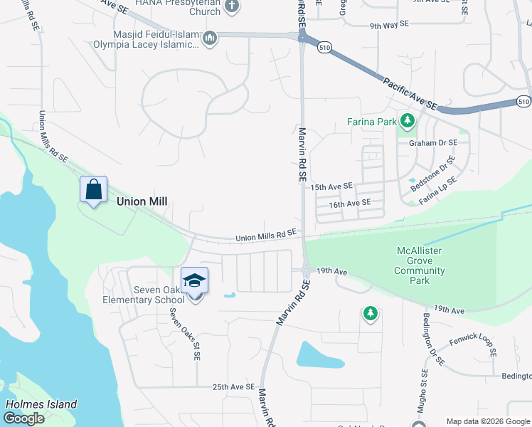 map of restaurants, bars, coffee shops, grocery stores, and more near 8144 Union Mills Road Southeast in Olympia