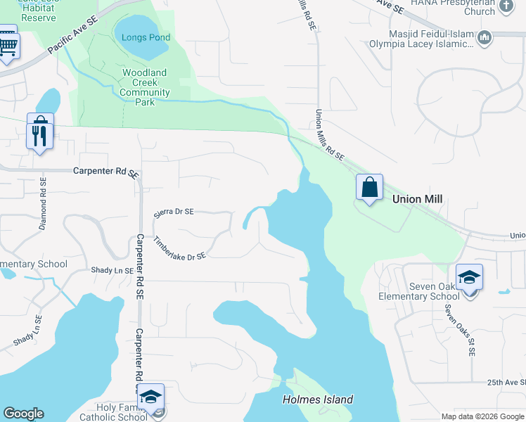 map of restaurants, bars, coffee shops, grocery stores, and more near 1630 Timberlake Court Southeast in Olympia