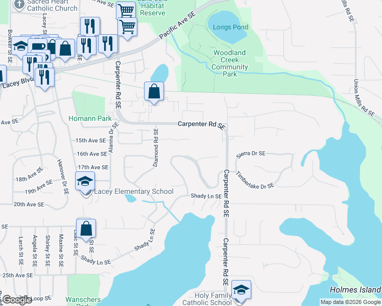 map of restaurants, bars, coffee shops, grocery stores, and more near 1546 Diamond Road Southeast in Lacey