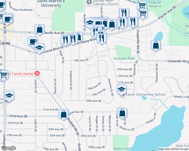 map of restaurants, bars, coffee shops, grocery stores, and more near 5708 16th Avenue Southeast in Lacey