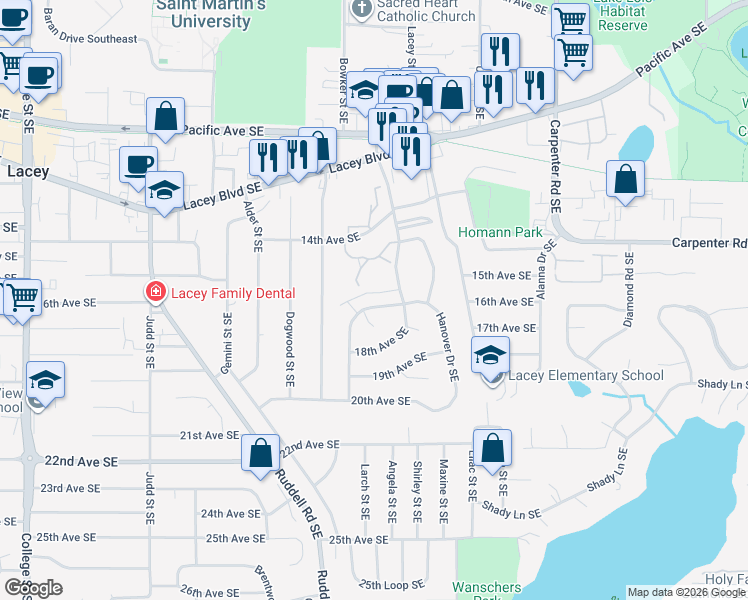 map of restaurants, bars, coffee shops, grocery stores, and more near 5708 16th Avenue Southeast in Lacey
