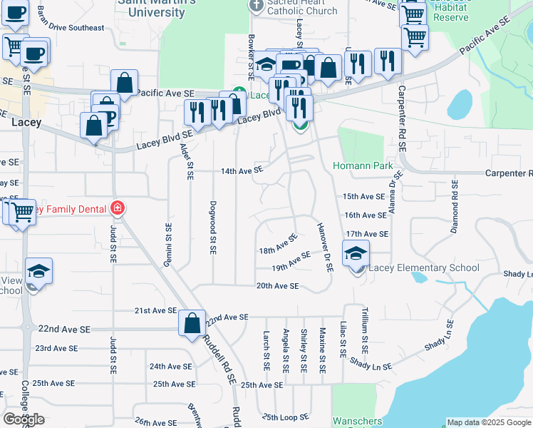 map of restaurants, bars, coffee shops, grocery stores, and more near 1422-A/C Lebanon Street Southeast in Olympia