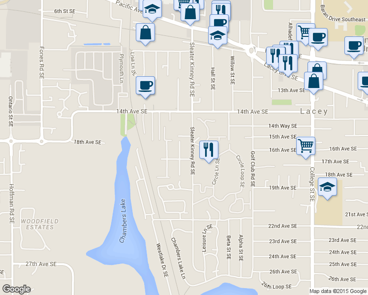 map of restaurants, bars, coffee shops, grocery stores, and more near 1501 Brunswick Street Southeast in Lacey