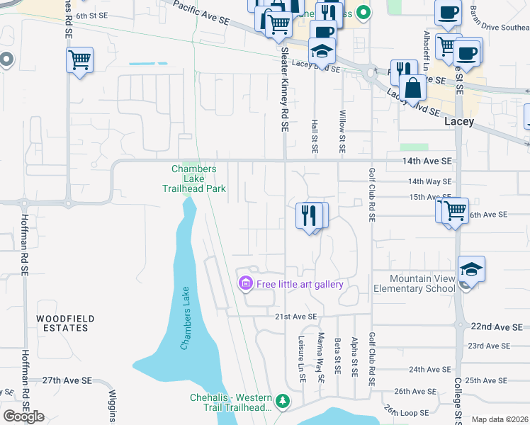 map of restaurants, bars, coffee shops, grocery stores, and more near 1501 Brunswick Street Southeast in Lacey