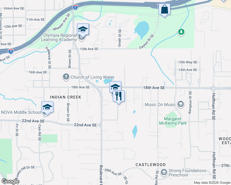 map of restaurants, bars, coffee shops, grocery stores, and more near 5523 Asotin Lane Southeast in Lacey