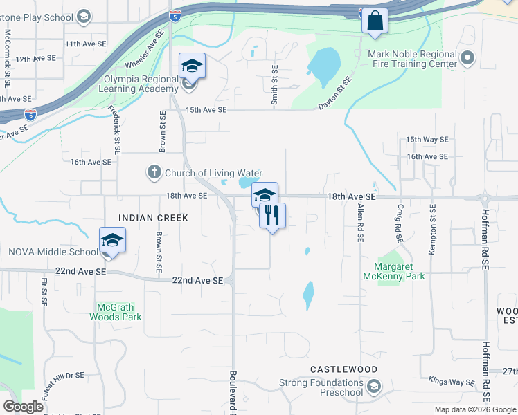 map of restaurants, bars, coffee shops, grocery stores, and more near 5523 Asotin Lane Southeast in Lacey