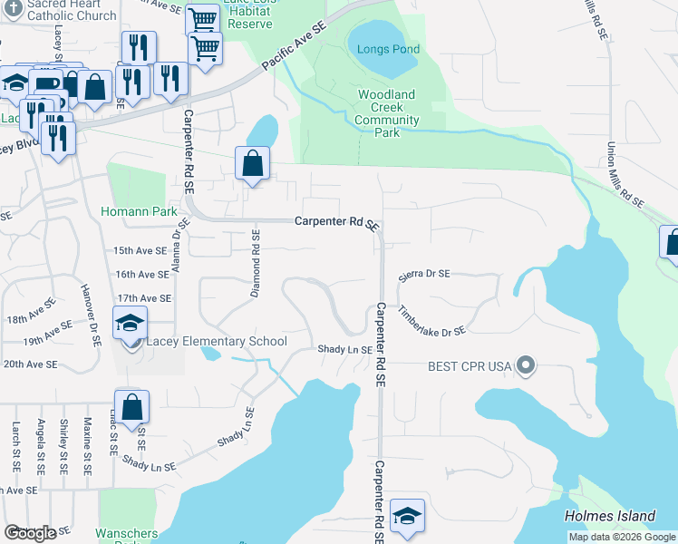 map of restaurants, bars, coffee shops, grocery stores, and more near 6612 Sierra Court Southeast in Olympia
