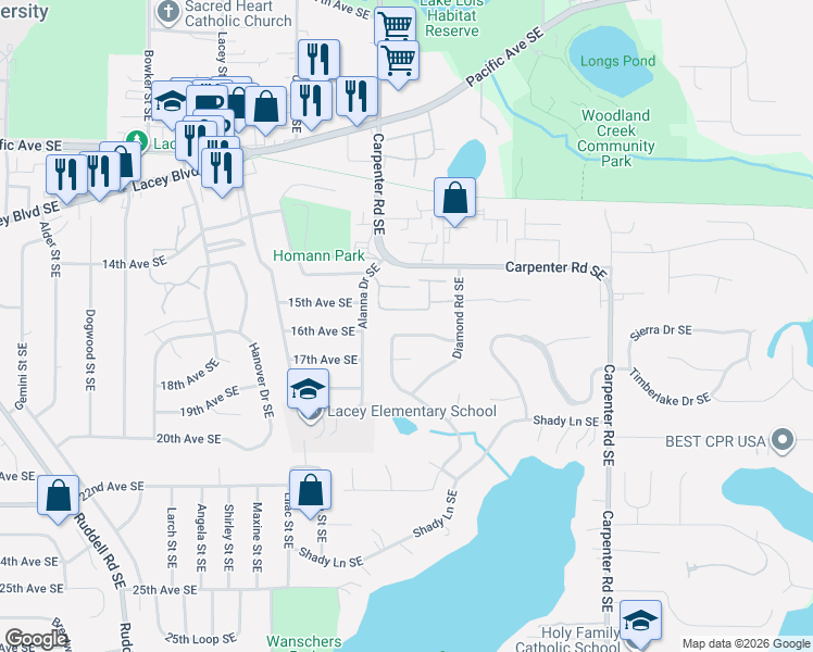 map of restaurants, bars, coffee shops, grocery stores, and more near 6289 Sunny Lane Southeast in Lacey