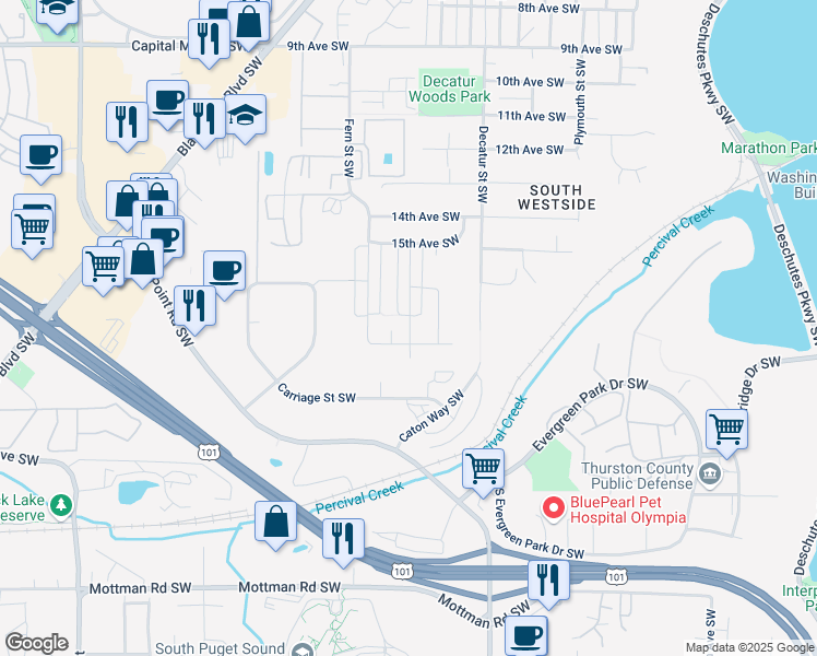 map of restaurants, bars, coffee shops, grocery stores, and more near 1625 Division Street Southwest in Olympia