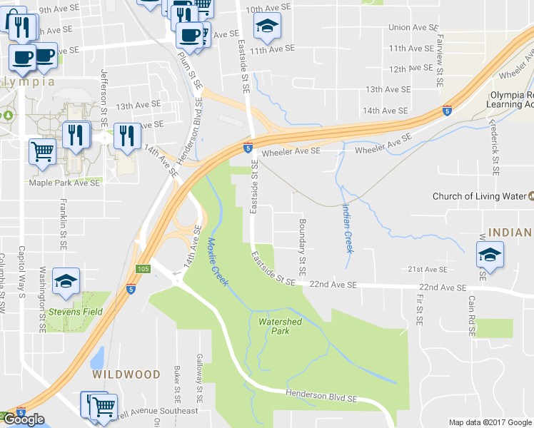 map of restaurants, bars, coffee shops, grocery stores, and more near 1813 Orange Street Southeast in Olympia