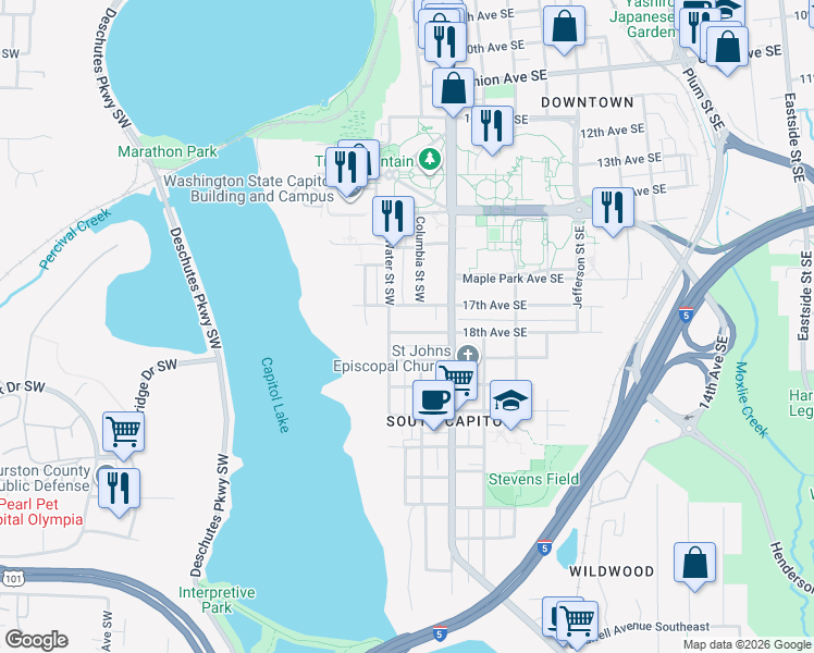 map of restaurants, bars, coffee shops, grocery stores, and more near 206 18th Avenue Southwest in Olympia