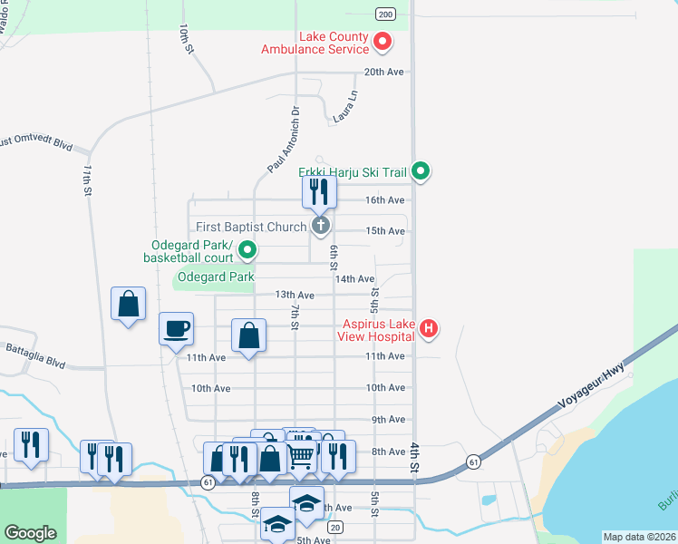 map of restaurants, bars, coffee shops, grocery stores, and more near 532 14th Avenue in Two Harbors