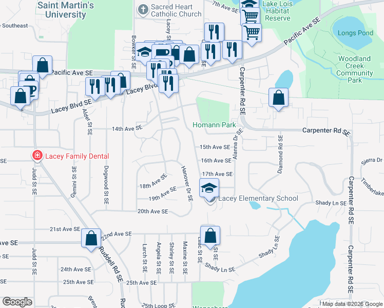 map of restaurants, bars, coffee shops, grocery stores, and more near 1505 Homann Drive Southeast in Lacey