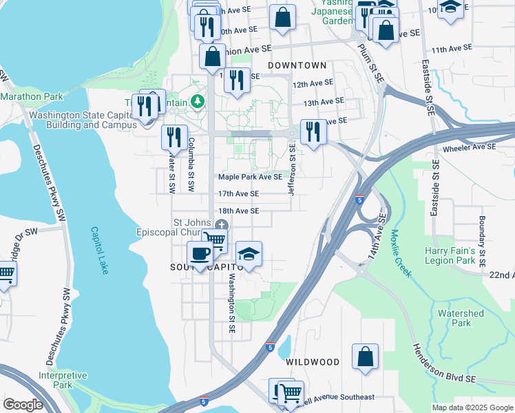 map of restaurants, bars, coffee shops, grocery stores, and more near 312 18th Avenue Southeast in Olympia
